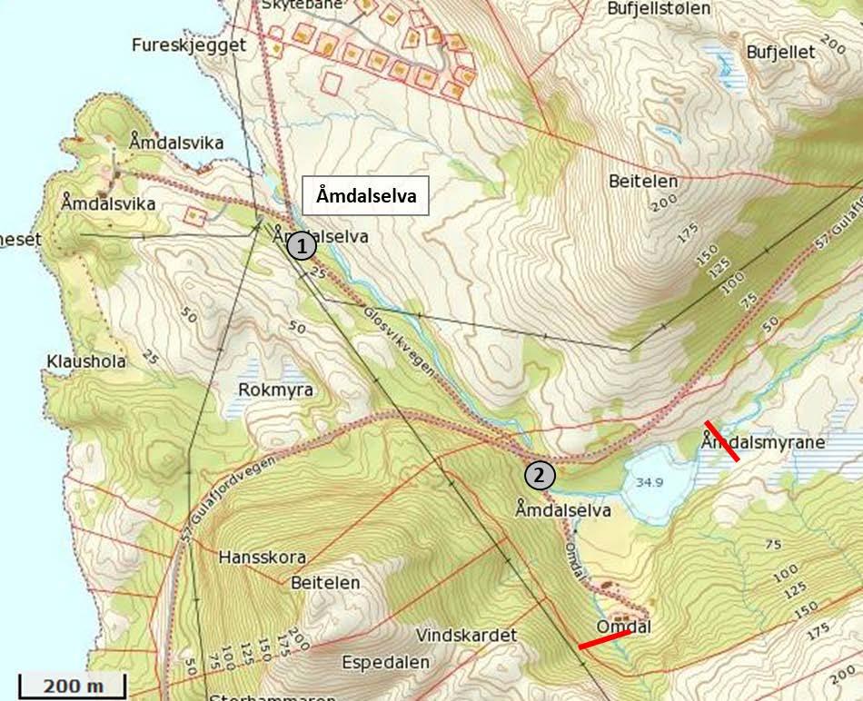 ÅMDALSELVEN Åmdalsvassdraget (068.50) renner ut i Gulafjorden sentralt i Gulen Kommune (figur 7). Nedbørsfeltet er 3,8 km 2, og snittvannføringen er 0,4 m³/s (http://nevina.nve.no/).