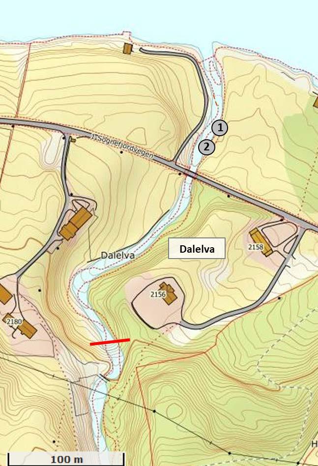 DALELVA Dalelva renner ut i Sognefjorden ved Breidvika, nord i Gulen Kommune (figur 27). Vassdraget har et nedslagsfelt på 6,6 km 2, og gjennomsnittlig vannføring er 0,8 m³/s (http://nevina.nve.no/).