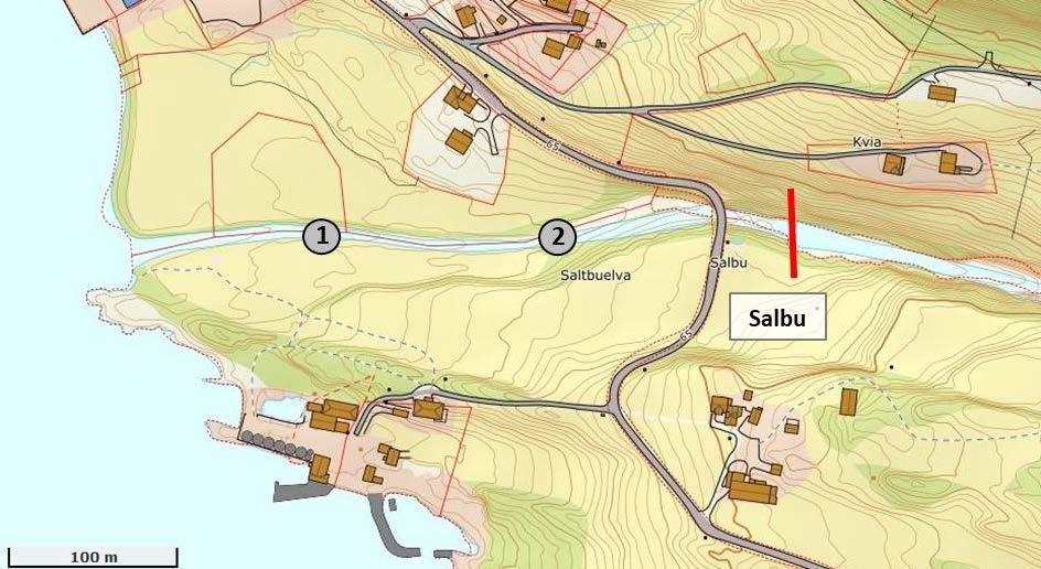 SALTBUELVA Saltbuelva (082.12Z) renner ut i Åfjorden i Hyllestad kommune (figur 31). Nedslagsfeltet er 19,1 km 2, og har en gjennomsnittlig vannføring på 1,7 m 3 /s (http://nevina.nve.no/).