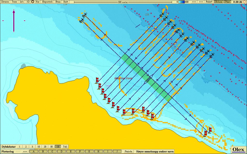 Side 26 av 41 5.0 Bunntopografi og anleggsplassering ved lokalitet 5.1 Bunntopografi Anlegget ligger orientert mot 345 grader og dekker et område i overflaten som er synlig på ca. 100 x 400 meter.