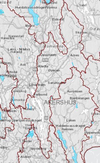 Figur 1 - Grensene for vannområde Øyeren (venstre) og kart over enkelte av innsjøene som er drikkevannskilder i vannområde Øyeren (høyre). Kilde: Vann-nett 17.1.2019.