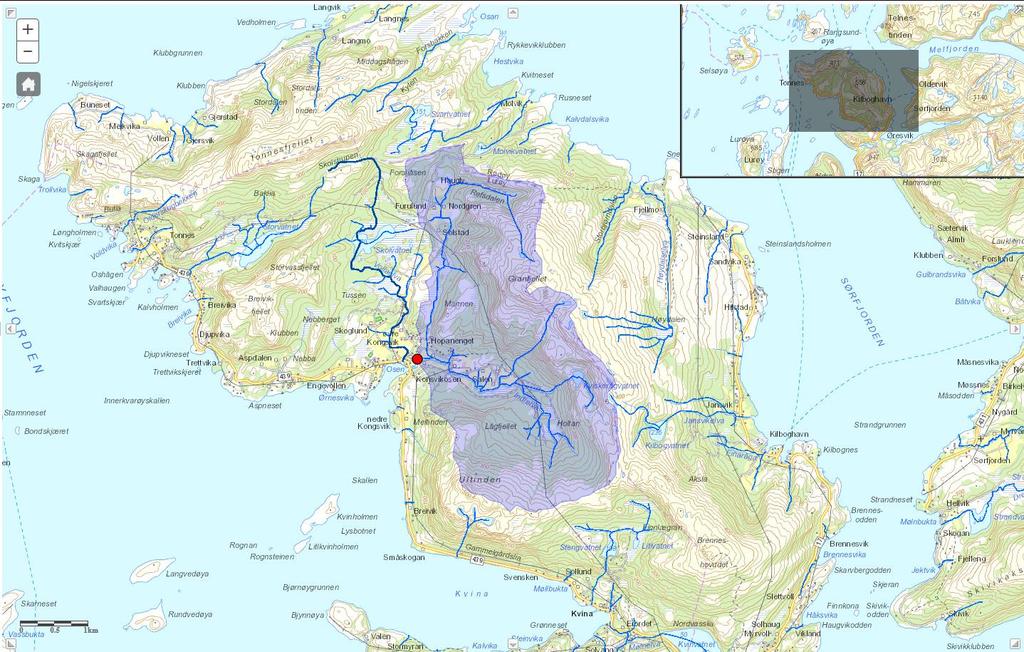 Indrelva, inkludert Refsdalselva, har et totalt nedbørfelt på 10,9 km² (figur 2). Skog dominerer i nedbørfeltet og dekker 54,3 % av arealet (tabell 1).