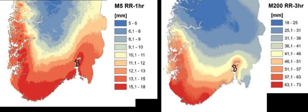 4.1.1. Endringer i nedbørmengde og temperatur Som vist i Figur 9 ligger Røyken og Hurum i en region hvor nedbør med kort varighet er relativt kraftige.