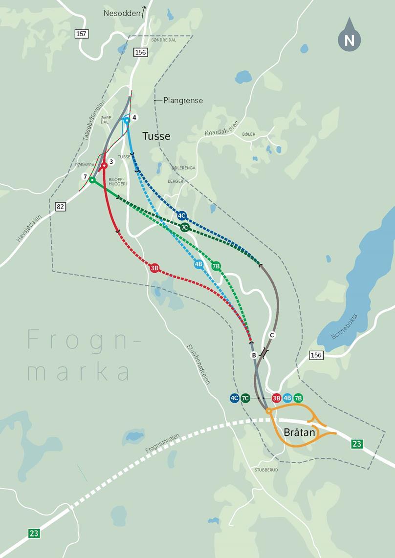 Figur 1: Oversiktskart som viser utredningsalternativene. Gråstiplet linje viser ytre avgrensning for varslet planområde i vedtatt planprogram. Bakgrunn for saken: Rv.