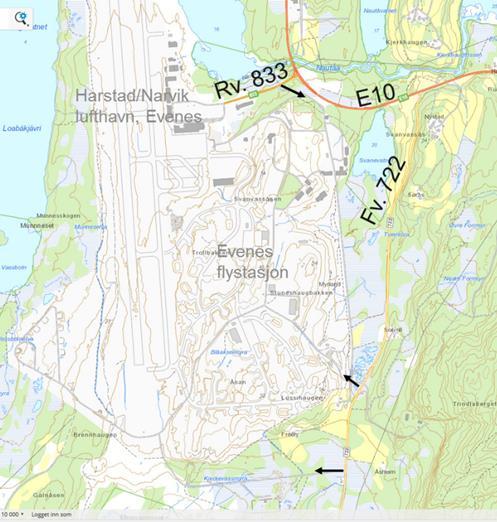 E10 går mellom Lofoten og E6 nord for Narvik og videre inn i Sverige over Riksgränsen. Adkomst til flystasjonen og lufthavnen er via rv. 833 Flyplassveien som tar av fra E10. Fra E10 langs rv.