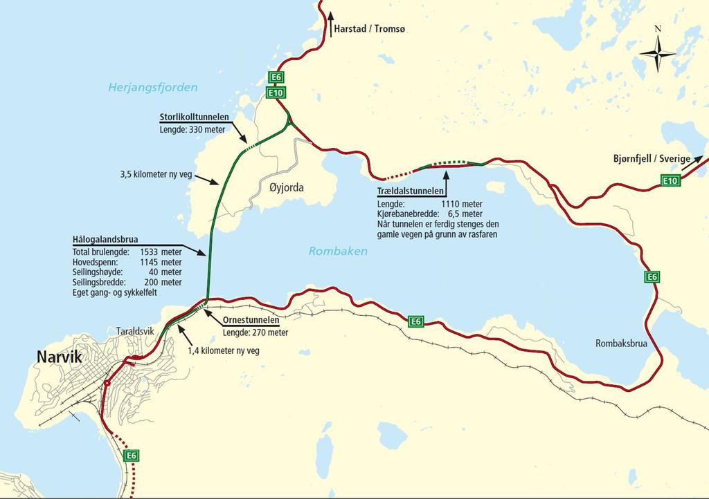 Av større betydning for reisetiden fra Evenes flystasjon til Narvik er som vist på Figur 10 prosjektet E6 Hålogalandsbrua på E6 nord for Narvik som er under bygging,