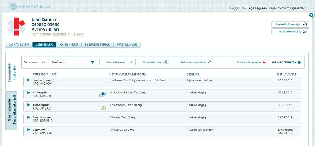 Kjernejournal Gyldige og ekspederte e- resepter Historikk: 3 år +