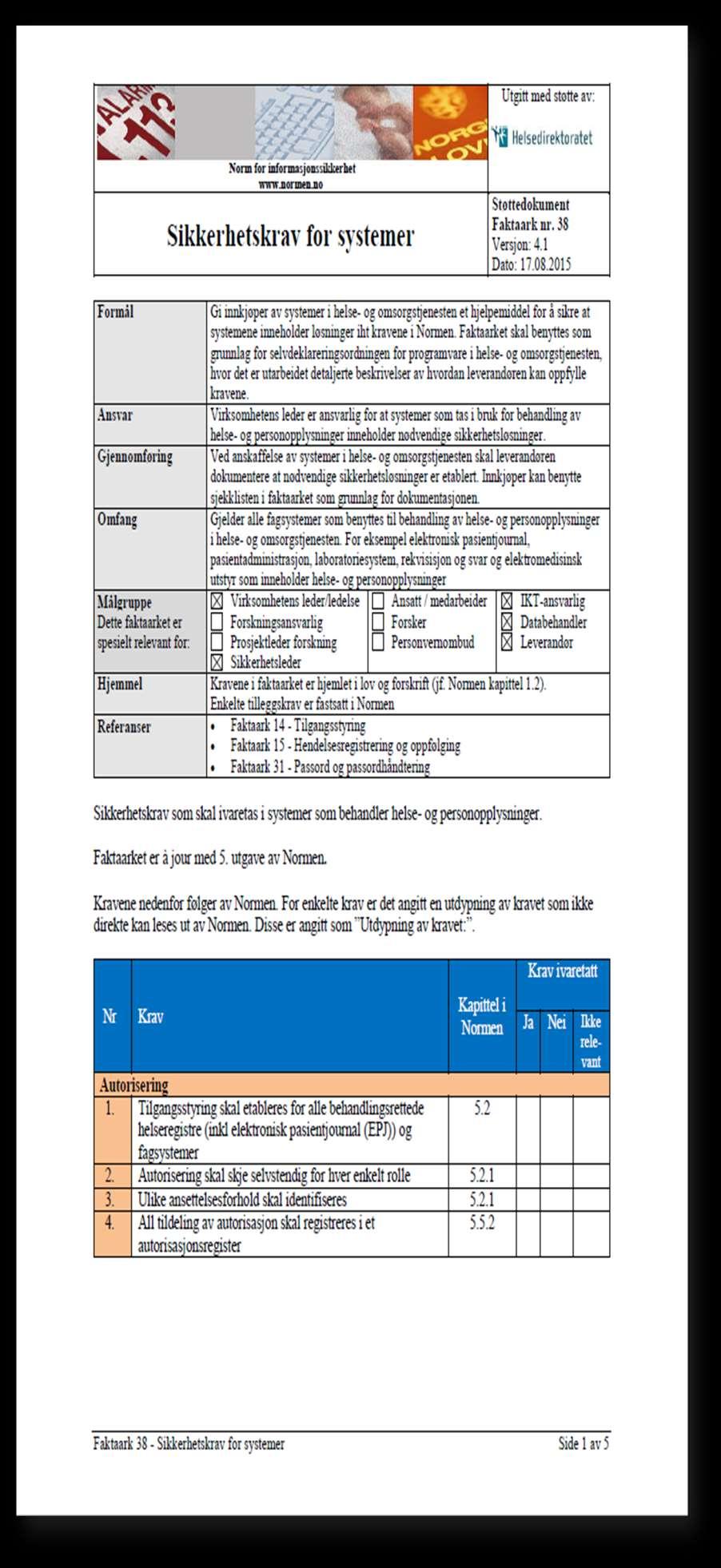 Krav til programvare Faktaark 38 - Sikkerhetskrav for systemer (med