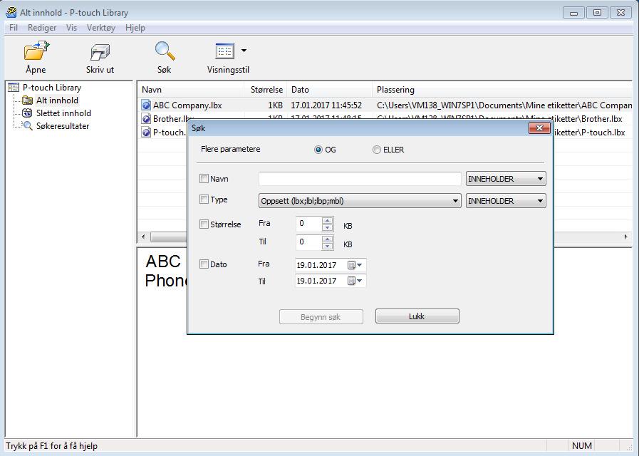 Slik bruker du P-touch Transfer Manager og P-touch Library (bare Windows ) Søke etter maler 10 Du kan søke etter maler som er registrert i P-touch Library. 1 Klikk på Søk. Dialogboksen Søk vises.