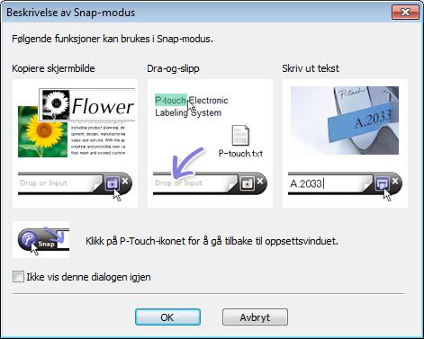 Slik bruker du P-touch Editor Snap-modus I denne modusen kan du ta en skjermdump (bilde) av hele eller deler av innholdet som vises datamaskinens skjerm, skrive det ut som et bilde og lagre det for