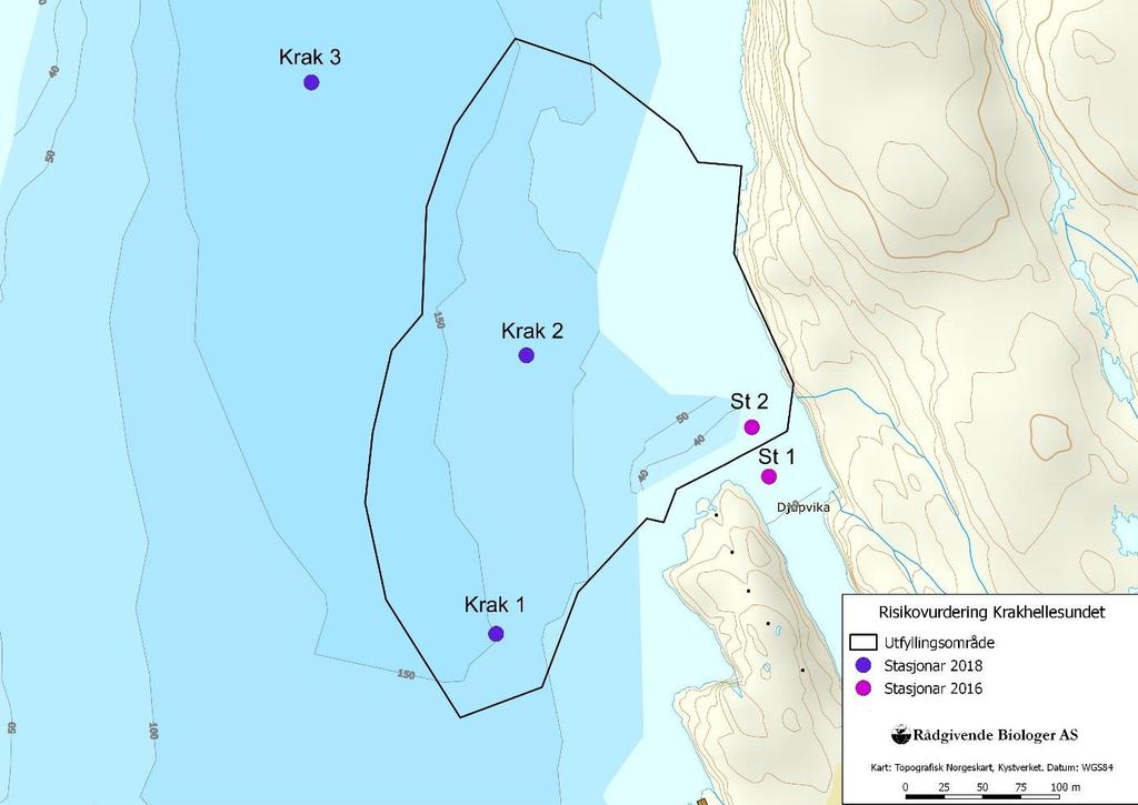 Figur 2. Oversikt over stasjonane for sedimentprøvetaking i 2016 og 2018. Tabell 1. Posisjonar for stasjonane i Krakhellesundet 28. mai 2018.