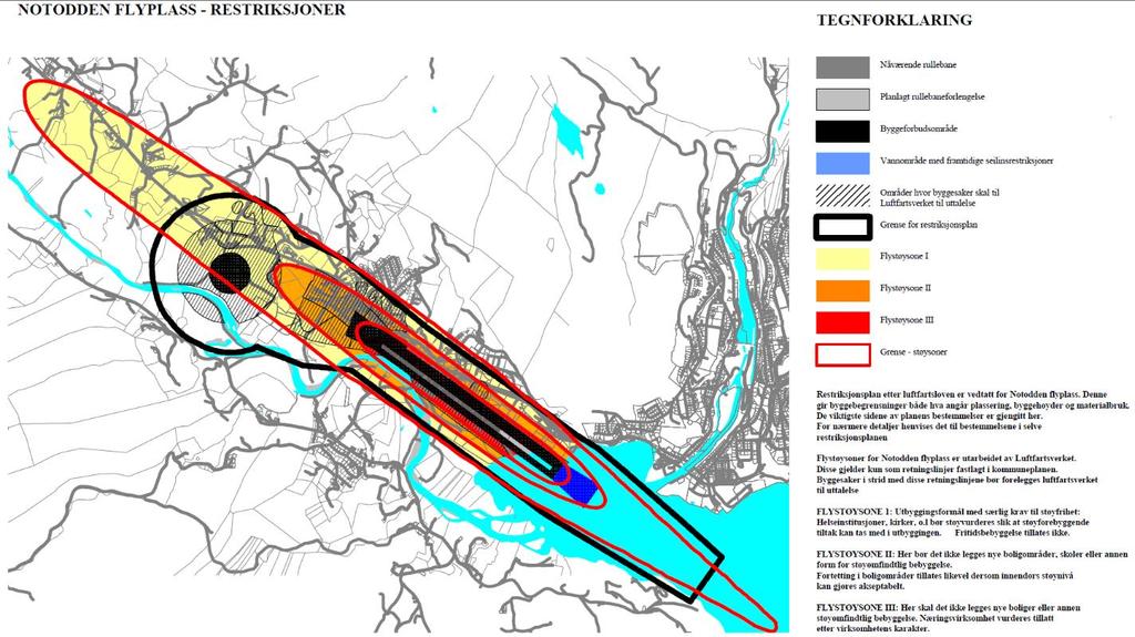 Figur 7. Kommuneplanens arealdel: Notodden flyplass - Restriksjoner og flystøysoner. Oppdatert restriksjonsplan (kfr. fig.