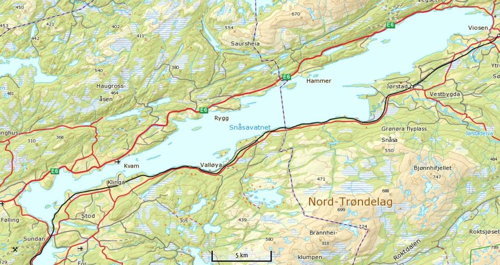 3.4 Snåsavatnet Snåsavatnet er en lavlandssjø (24 moh.) som er regulert 1,4 m. Overflateareal er 122 km², største dyp 121 m, og middeldyp 46 m.