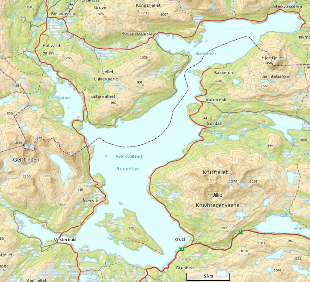 3.7 Røssvatnet Røssvatnet (383 moh.) er en sterkt regulert innsjø (12,45 m, mellom kote 370,70 og 383,15). Overflatearealet er 218 km 2, største dyp er 231 m og middeldyp er 66 m.