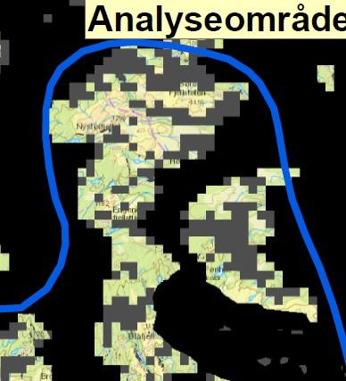 Figur 2. Analyseområde 6 med harde og myke eksklusjoner. Som figur 2 syner er det delar av Nystølfjellet og nærliggande område som er peika ut i det vidare analysearbeidet.