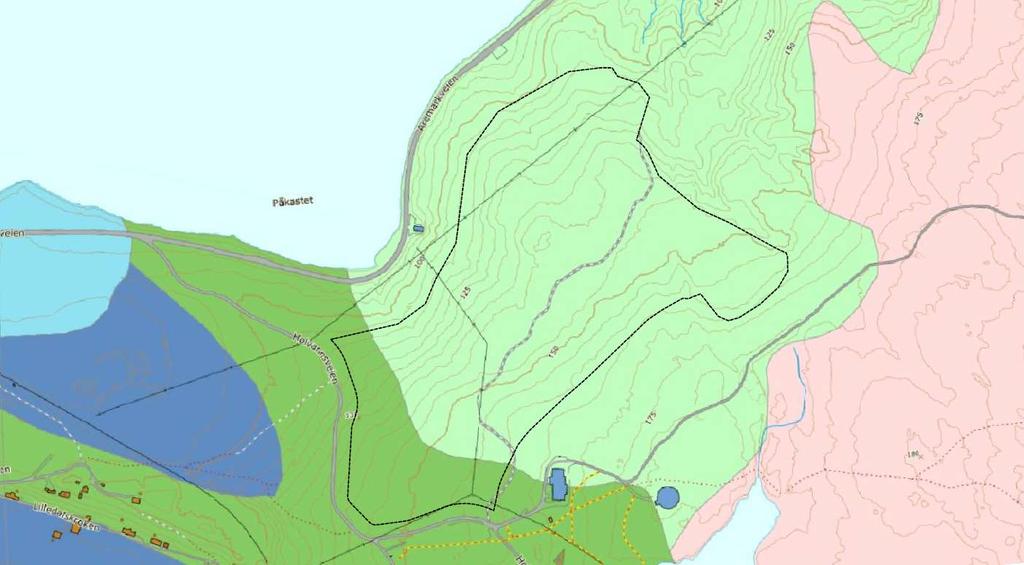 Ras/Skred/Flom. Området består i stor grad av morenemasser. Arealet har en helling under 27 grader og vurderes ikke som ras/skredutsatt.