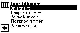 Programområde «Varme» Velg programområde Symbolet i navigasjonsskjermen søkes og velges Innstilling av driftsarten «Varme» I menyen «Innstillinger varme» søkes og velges menyfeltet «Driftsart»