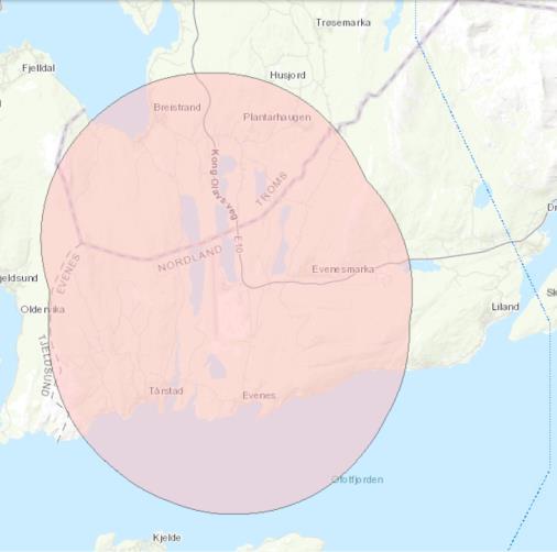 Et område rundt Harstad/Narvik lufthavn, Evenes er belagt med forbud mot bruk av ubemannede luftfartøy, droner, modellfly. Området er avmerket på kart i figur 6.