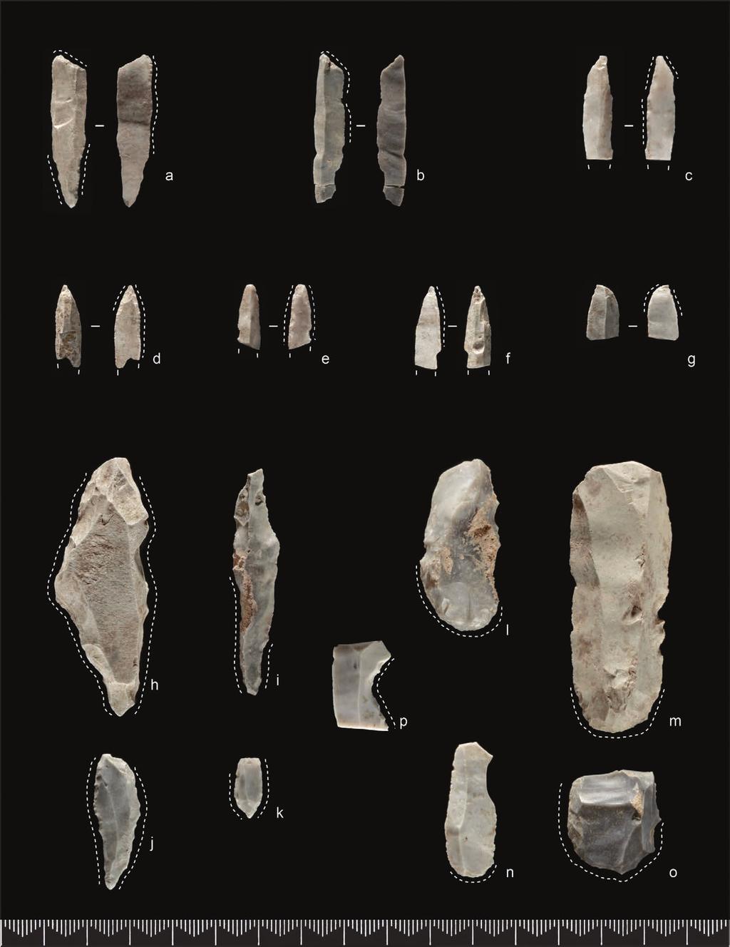 8. sundsaasen 1 167 Figur 8.6. Funn fra Sundsaasen 1: (a c) skjevtrekantmikrolitter, (d g) mikrolittfragmenter, (h k) bor, (l o) skrapere, (p) fragment med hakk og stikkelkant.