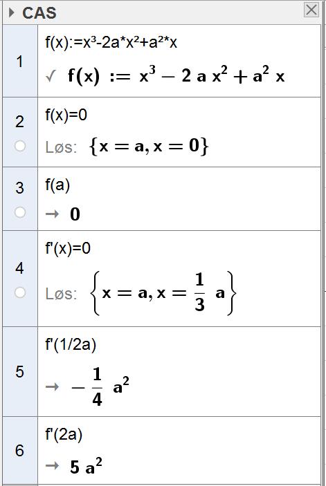 Oppgave 6 ( poeng) En funksjon f er gitt ved Bruk CAS til å f x x ax a x a ( ), 0 vise at grafen til f har et nullpunkt og et stasjonært punkt i Pa (, 0) avgjøre om P er et toppunkt, et bunnpunkt