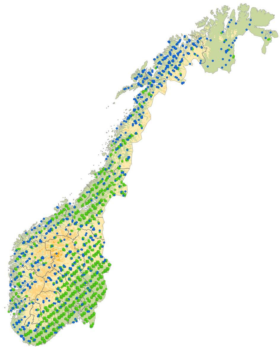 Figur 1. Beliggenheten av prøveflatene som inngikk i den landsrepresentative overvåkingen i Norge i 2017.