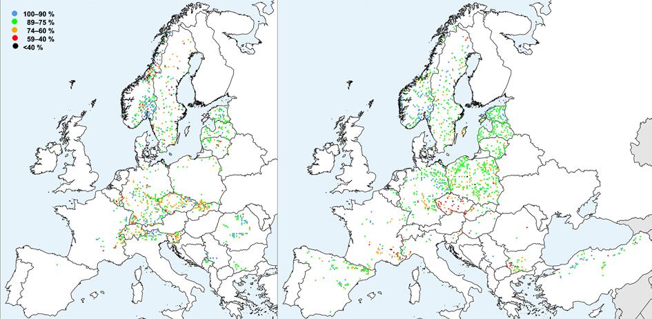 I noen landsdeler kan det i enkelte år være få trær i utvalget slik at man får betydelige tilfeldige variasjoner ved en regionvis evaluering av kronetetthet.