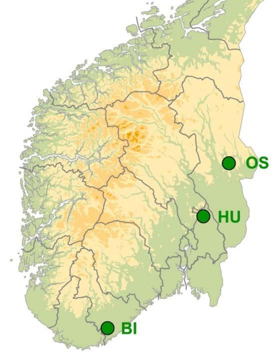 Figur 12. Lokalisering av de intensive overvåkingsflatene. 2.2.2 Måleprogram Med unntak for luftmålinger har alle flatene et nesten identisk måleprogram, og det har stort sett vært uforandret siden oppstarten i 1986.