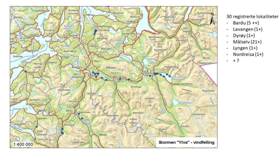 Figur 40. Lokaliteter med mye nedblåste trær i Troms (fra Fylkesmannen i Troms ved Trude Hagen Hansen). 9.