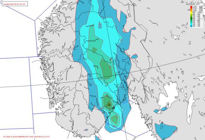 Fig 2.2.2, 2.2.3 og 2.2.4 viser værsituasjonen henholdsvis kl 12z, 18z og 00z. Lavtrykket har senter ved Danmark, senere over Sør-Norge. Østafjells er inne i varmsektoren med kraftige bygelinjer.