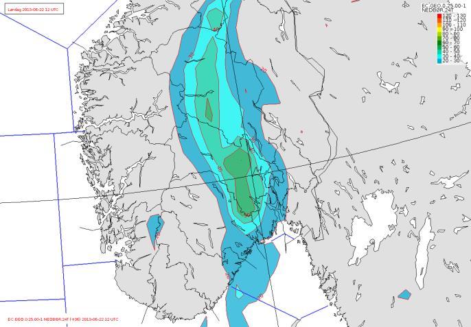 Nedbørprognoser under 20 mm/24 t vises ikke i figurene. Figur 2.2.5.a) viser EC.00 og EC.06: 20-60 mm/24t over et stort område.