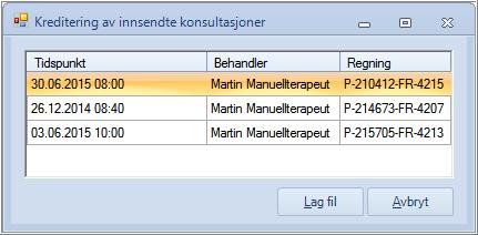 5. Når man er ferdig med å kreditere konsultasjoner vil disse vises i vinduet: 6. Klikk på «Lag fil».