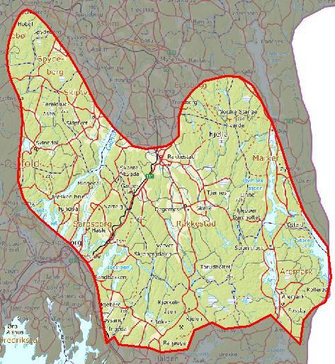 Innledende beskrivelse av området AREAL: 1484 km 2 KOMMUNER: Rakkestad, Våler, Marker, Aremark, Halden, Spydeberg, Hobøl, Skiptvedt, Sarpsborg, Eidsberg, Råde.