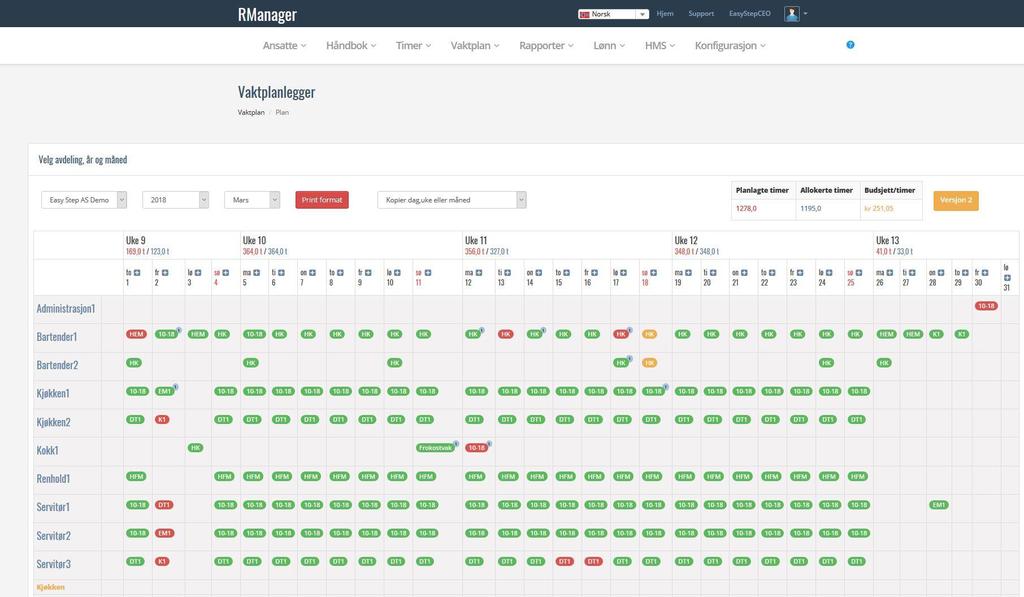 VAKTPLAN En viktig forutsetning for en sunn og forutsigbar drift av en virksomhet er at ansatte vet når dem skal møte på jobb. Helst i god tid i forkant. Med RManagers vaktplan sikrer du dette.