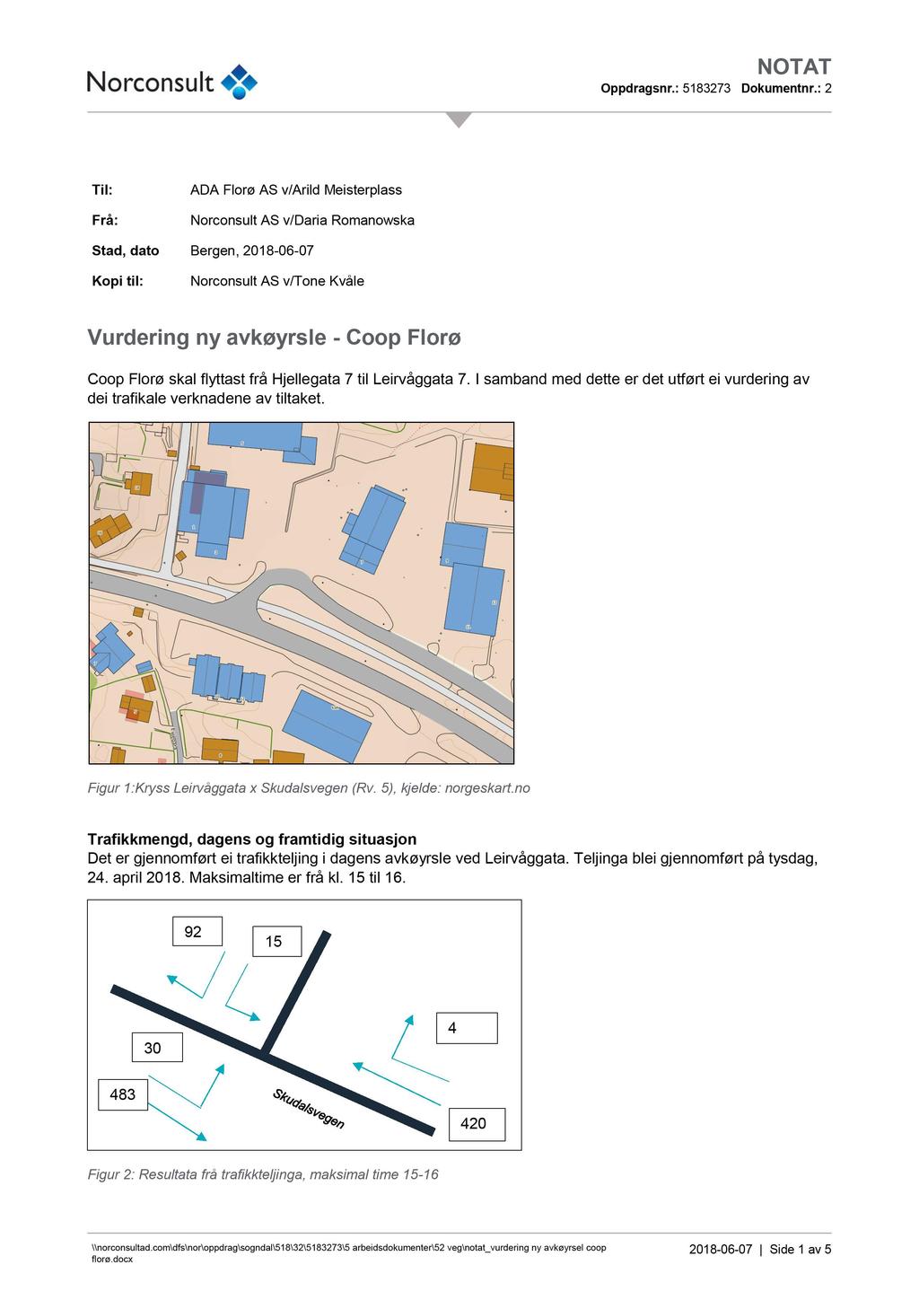 Til: Frå: ADA Florø AS v/arild Meisterplass Norconsult AS v/daria Romanowska Stad, dato Bergen, 2018-06-07 Kopi til: Norconsult AS v/tone Kvåle Vurdering ny avkøyrsle - Coop Florø Coop Florø skal