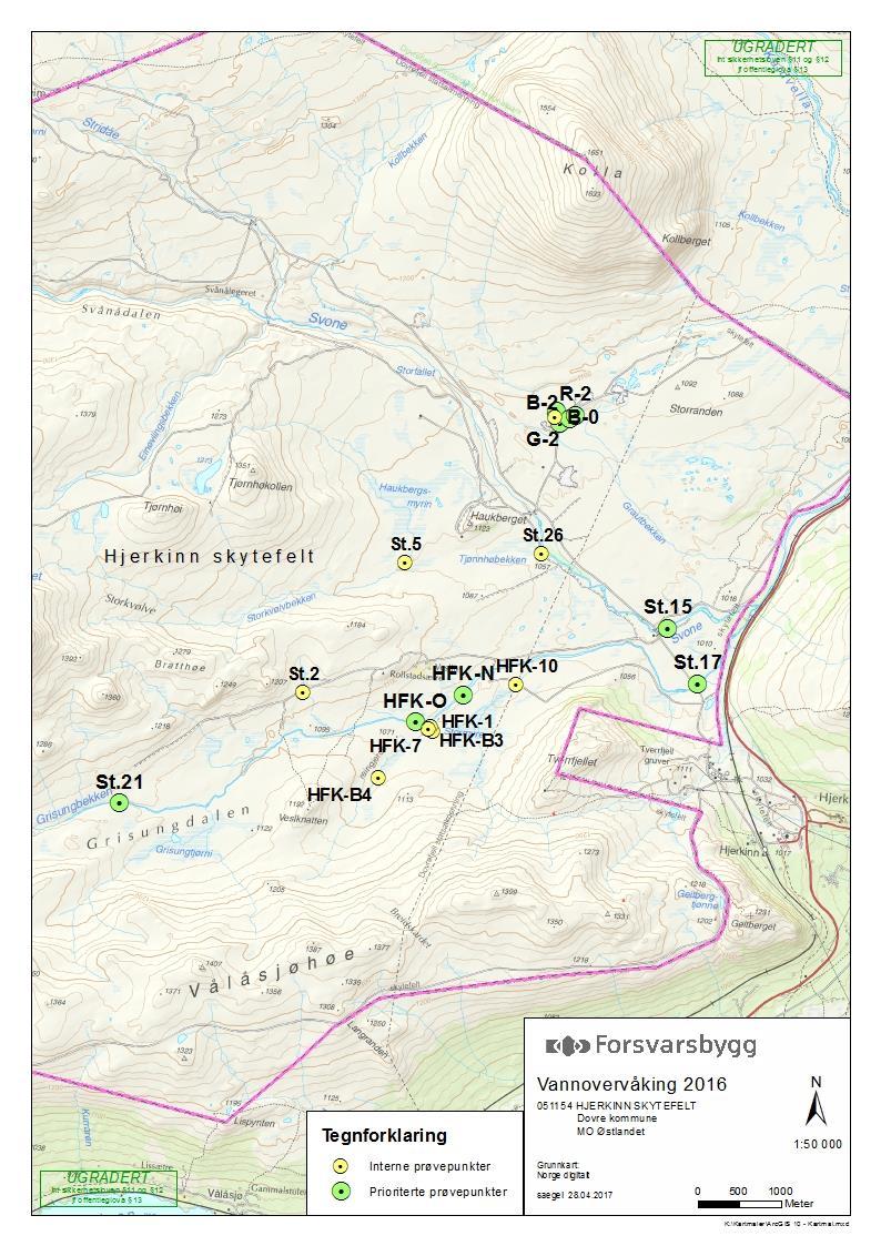 Figur 3: Oversiktskart over vannovervåkingspunkter for 2016. Grønne punkter markerer de prioriterte vannovervåkingspunktene i vannovervåkingsprogrammet for Hjerkinn 4.