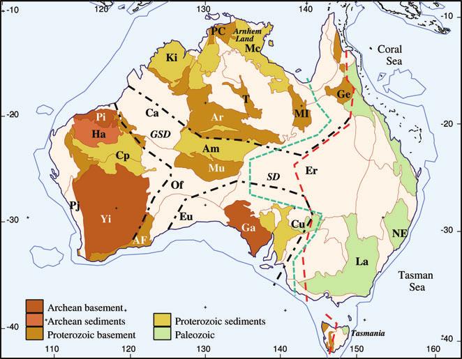 The Australian Moho 947 Figure 1. Simplified representation of the main tectonic features of Australia. The outline of the major cratons are marked by chain-dotted lines.