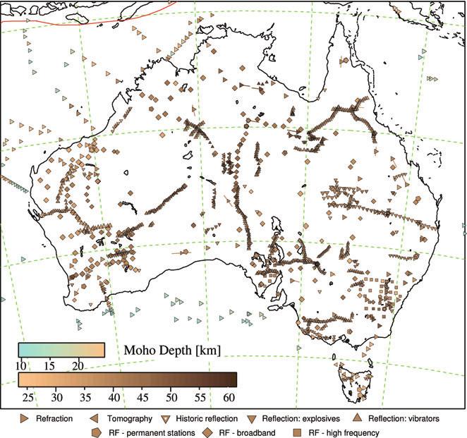 952 B. L. N. Kennett et al. Figure 5. Compilation of all the different styles of Moho estimates with symbol coding by the class of data used.