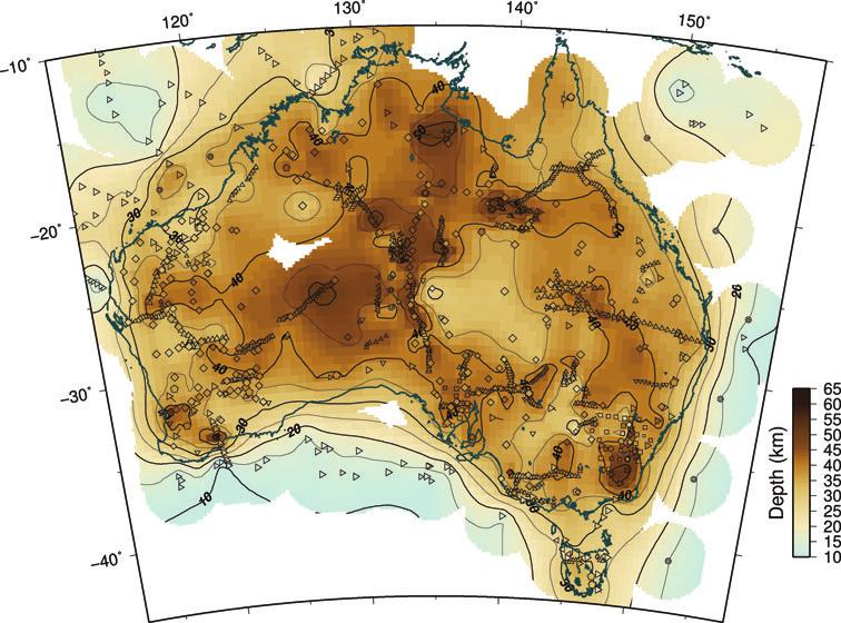 The Australian Moho 953 Figure 6. Moho surface constructed from the full set of estimates displayed in Fig. 5. The surface is constructed by interpolating weighted averages for each 0.5 0.