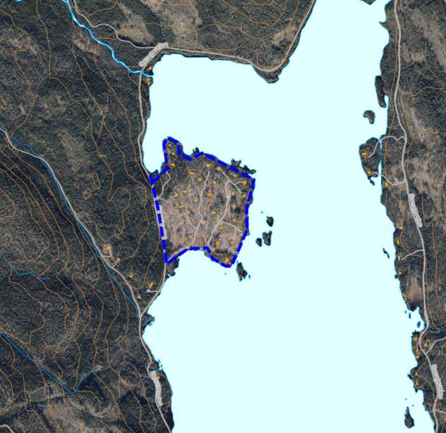 3.2.3 18 Hytter Langtangen, Samsjøen (F2) Dagens arealbruk Gjeldende formål Foreslått formål Arealstørrelse ca.