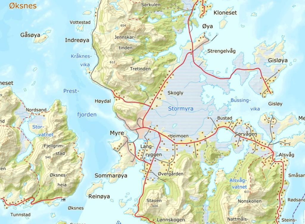 2 INNLEDNING Tettstedet Myre er administrasjonssenteret i Øksnes kommune i Nordland. Det ligger på nordvestsida av Langøya, øst for Prestfjorden i Vesterålen.