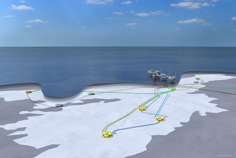 Figur 3-3 Johan Sverdrup byggetrinn 2 (illustrasjon: Equinor) Troll fase 3 er den foreløpig siste fasen av utviklingen på Troll og gjelder produksjon av gass fra gasskappen over oljesonen på den