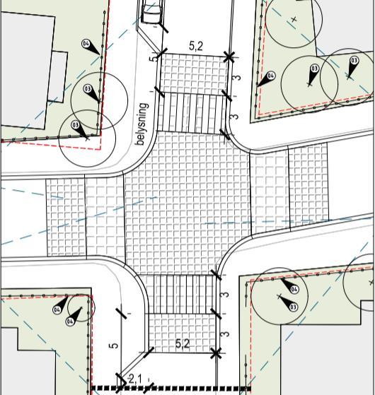 Figur 10 og 11: Illustrasjoner for krysset Torvgata/Fredensborgveien. Tegning til venstre viser utformingsplan for Torvgata med endring vv dekke og innsnevring mot krysningspunkt.