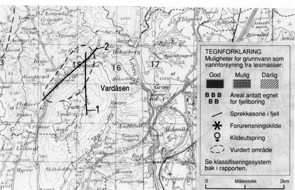 3 Prioriterte områder VARDÅSEN Kommunen har anslått at dagens vannbehov er på 0.35 l/s, og fremtidig behov er ca 1,8 l/s. Bergarten i området består i alt vesentlig av gneis.