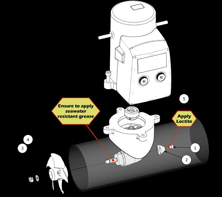 1.Fastening screw for anode 2. Anode 3. Propeller lock nut 4. Washer 5.