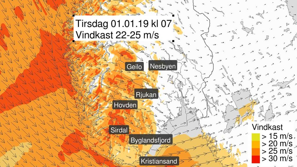 1.2.2. Oppdaterte varsel mandag 31.12 Farevarslene ble oppdatert mandag 31.12. For områdene Agder, Telemark, Buskerud, Hedmark og Oppland ble farenivået hevet fra gult til oransje nivå.