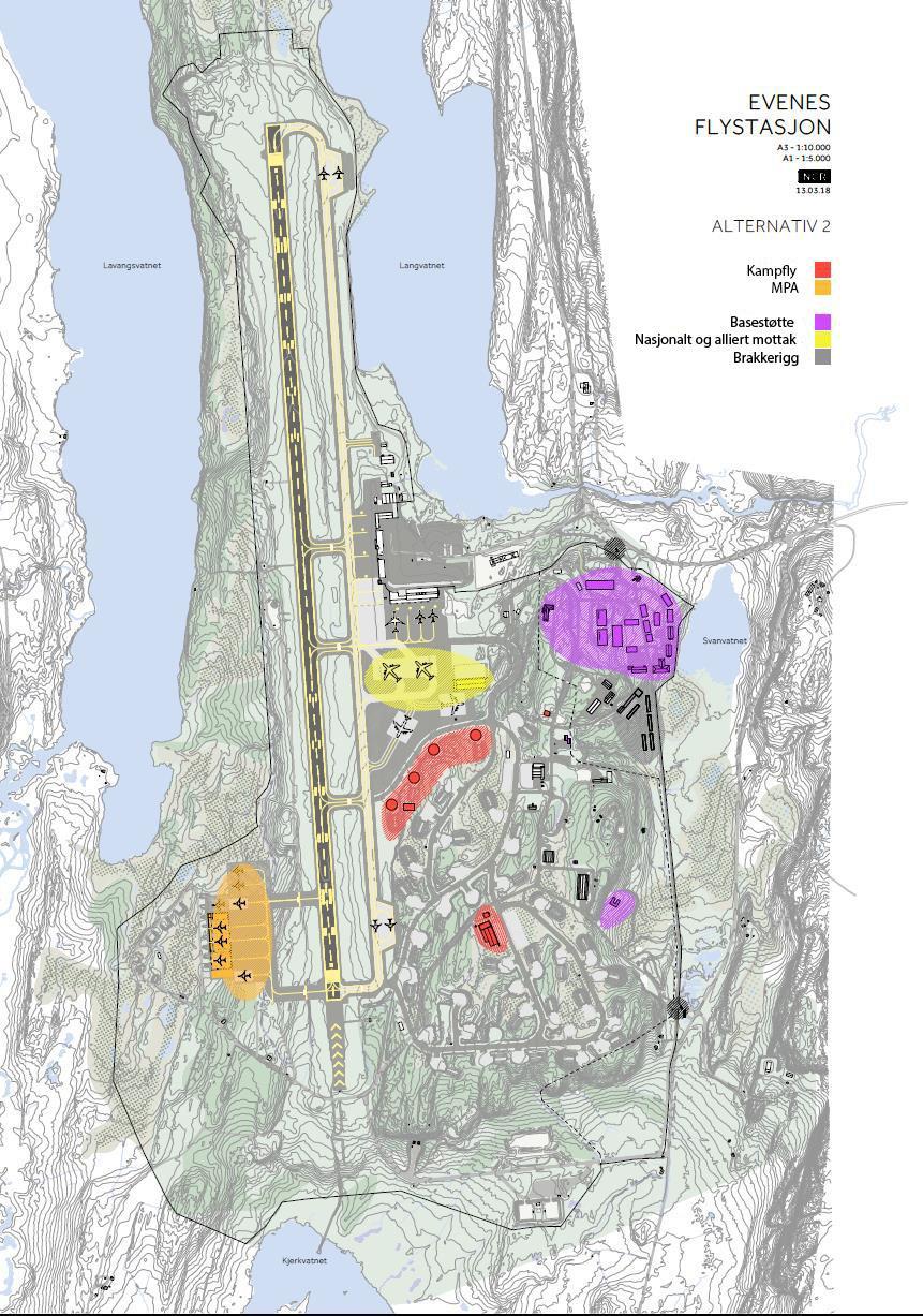 Figur 2 Oversiktskart utvikling av Evenes flystasjon. Kilde: Konseptvalgutredning Evenes flystasjon, 5.april 2018, ugradert.
