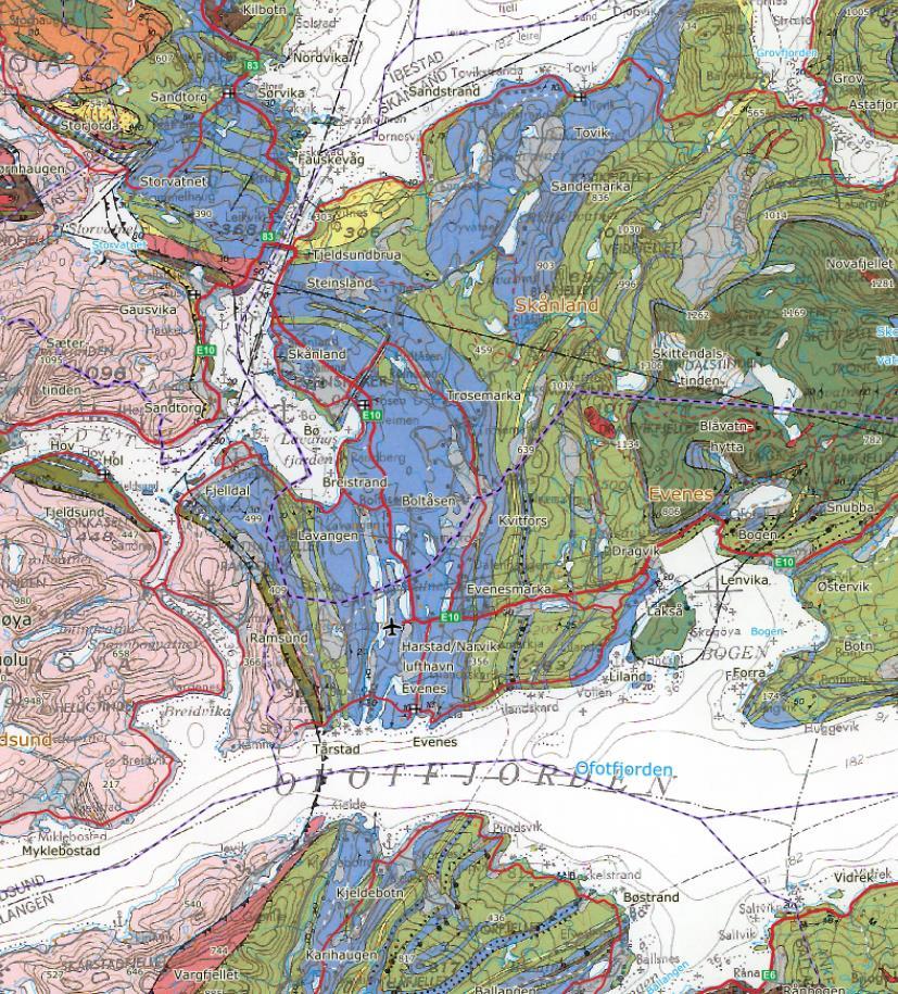 6.2 Områdebeskrivelse 6.2.1 Geologi Evenes-området ligger innenfor et belte av kalkspatmarmor.