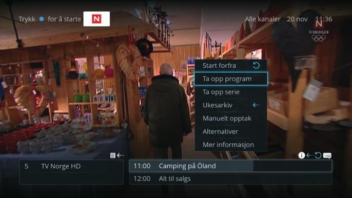 Ta opp program eller serie Ta opp program lar deg programmere et opptak som automatisk henter kanal, start- og sluttid fra TV-guiden. Du kan gjøre dette valget fra kanalbanneret eller TV-guiden.