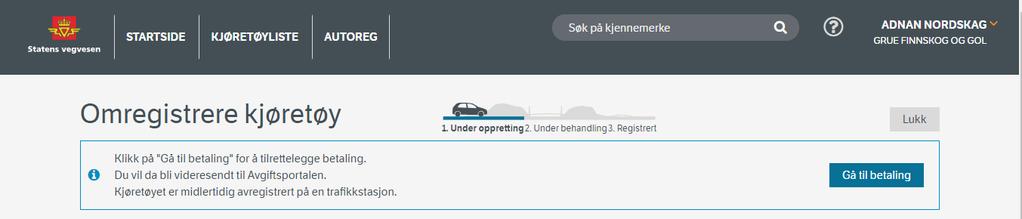 Dersom du ønsker å returnere til Autosys kjøretøy bransjeløsning uten å betale, kan du bare klikke i linken «Tilbake til Statens vegvesen», Her finner du brukerveiledning til Skatteetatens