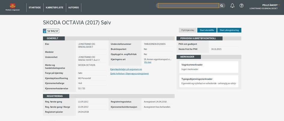 10. Påregistrering av egne kjøretøy Trykk på «Start påregistrering» når du skal påregistrere et avregistrert kjøretøy som du selv